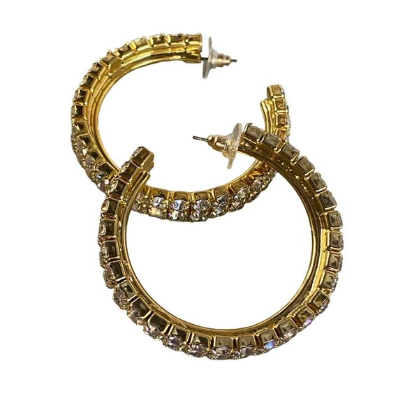 Gold Tone Hoop Rhinestone Pierced Post Earrings Women Sparkle Shine Dress Up - Picture 1 of 16